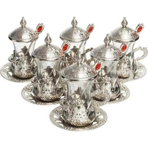 Bazaar Gift Decorative Service Guests Tea İkramı For Ottoman Motif With Spoon Tea Presentation Set-Silver Color