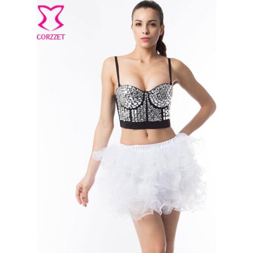 Crystal Resin Gem Beading Soutien Gorge Push Up Bra Crop Top with Skirt Bralette Set Sexy Bras For Women Club Drancewear