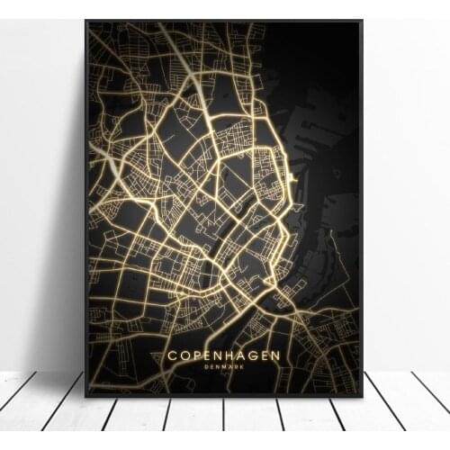 Frame Copenhagen Denmark Black and gold Canvas Wall Art Map Poster painting Wall Pictures Living Room home Decor