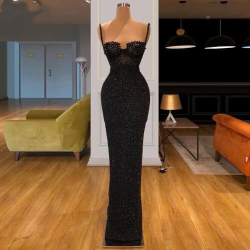 Black Party Dress Spaghetti Straps Mermaid Prom Dresses Arabic Kaftans 2020 Evening Gowns Robe De Soiree Formal Party Gowns