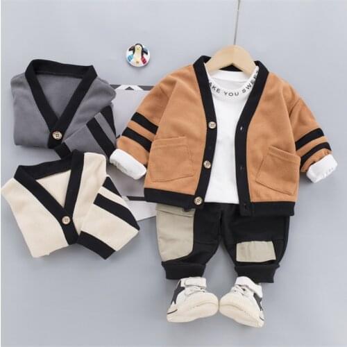 Baby clothes baby boy letter striped T-shirt trouser knitted coat 3-piece suit spring autumn cotton boy suit childrens clothing