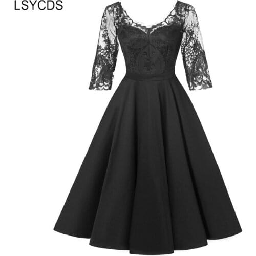 LSYCDS 2020 Fall Elegant Lace Dress Vintage Women 3/4 Sleeve A Line Party Dress High Waist Backless Sexy V Neck Ladies Dresses