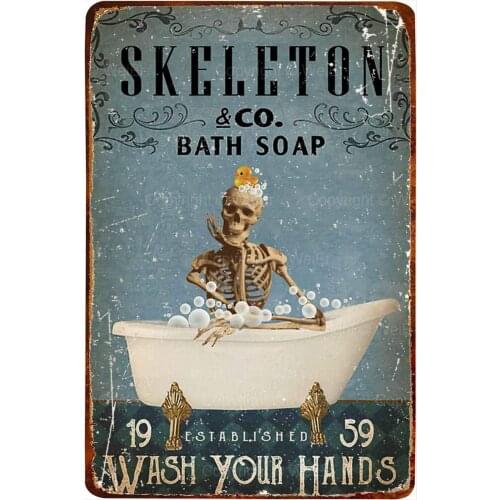 Skeleton Bath Soap Metal Poster Art Tin Sign Vintage Iron Painting Creative Wall Decoration for Office Bathroom
