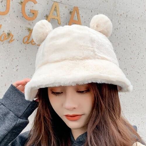 Cute Autumn Winter Leopard Fur Bucket Hat Bear Ear Ball Plush Fisherman Hat Soft Warm Thick Basin Hat Protection Bucket Hats