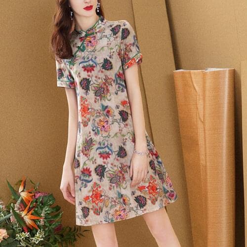 Retro Improved Cheongsam Loose Ladies Dress Elegant Embroidery Chinese Stand Collar Flower Short Sleeve S Mini Dress for Womens