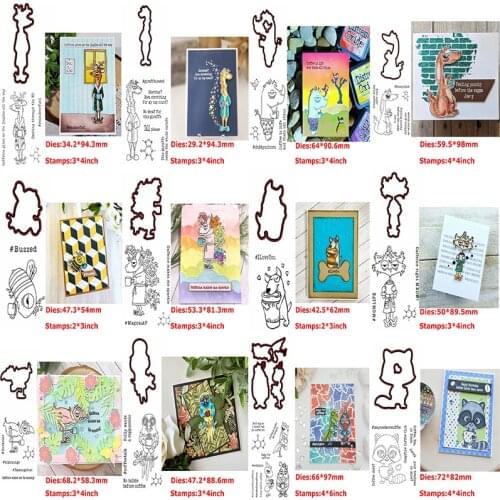 Cutting Dies & Clear Stamps Set Caffeinated Unicorn Kangaroo Giraffe Dog Elk Fox Bee Bird Ant Various Critter Holding Coffee Cup