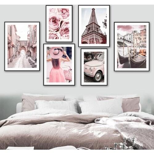 Tower Paris Girl Rose Street Car Ship Wall Art Canvas Painting Nordic Posters And Prints Wall Pictures For Living Room Decor