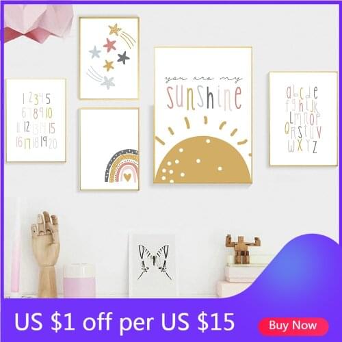 You Are My Sunshine Rainbow Print Alphabet Poster Number Nursery Canvas Painting Wall Art Nordic Kids Pictures Baby Room Decor