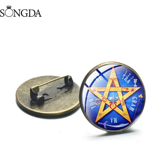 Retro Pentagram Pattern Brooch Wiccan Totem Badges Gothic Style Talisman Glass Cabochon Lapel Pins Button Gift Handmade Jewelry