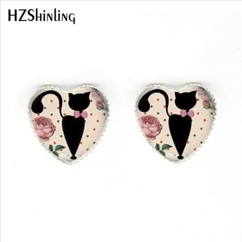 2017 New Arrival Siamese Cat Stud Earrings Handmade Art Photo Glass Dome Black Cat Heart Earring for Animal Lover