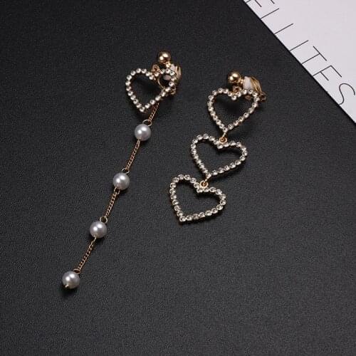 Clip On Dangle Earrings For Girls Women Heart With Pearls Statement Layered Drop Long Chain Asymmetrical Clip Earring No Hole