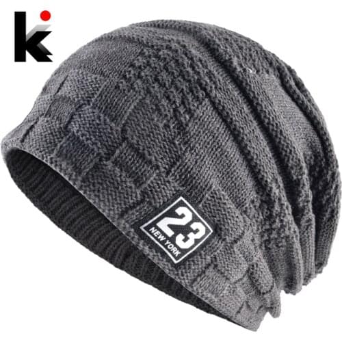 Winter Beanies Hat For Men Knitted Plaid Bonnet Caps Knit Double Layer Warm Touca Thick Skullies Velvet Gorros Mujer Invierno