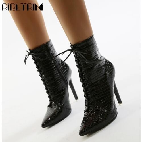 RIBETRINI New Fashion Ladies Mature Pointed Toe Ol Shoes Autumn Fretwork Ankle Women Boots Thin High Heels Autumn Boots