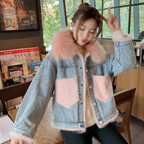 Faux Fox Fur Collar Denim Jacket Women 2021 Autumn Winter New Korean Fashion Short Loose All-Match Denims Coat Female Tide A496