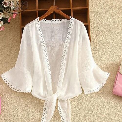 Half Sleeve Shirt Chiffon 2021 Summer Solid Shirts Women Loose Tied Waist Elegant Blouses for Women Korean Cardigan New 14259