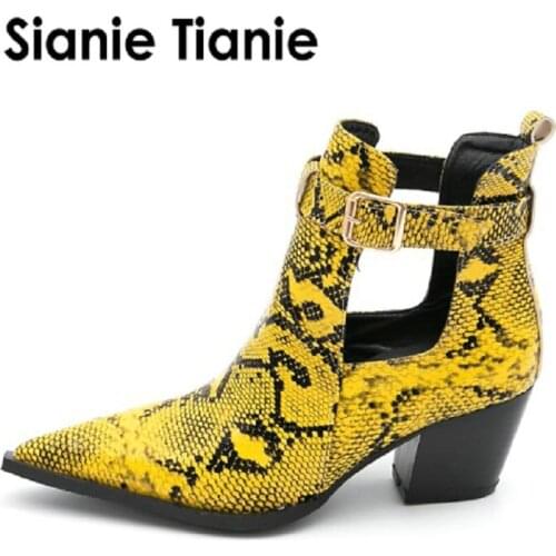 Sianie Tianie snakeskin print punk rock woman boots pointed toe gothic hallow cut out women motorcycle boots ankle martin boots