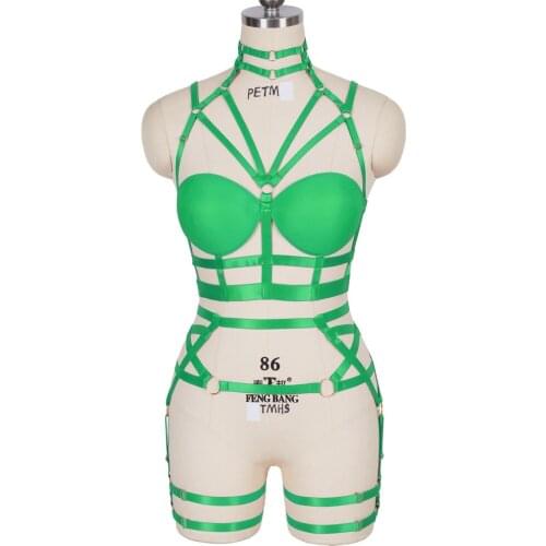 Pentagram Pink Bowknot Gothic Exotic Lingerie Set Body Harness Bra Elastic Top Cup Women Sexy Garter Leg Cage Belt Underwear