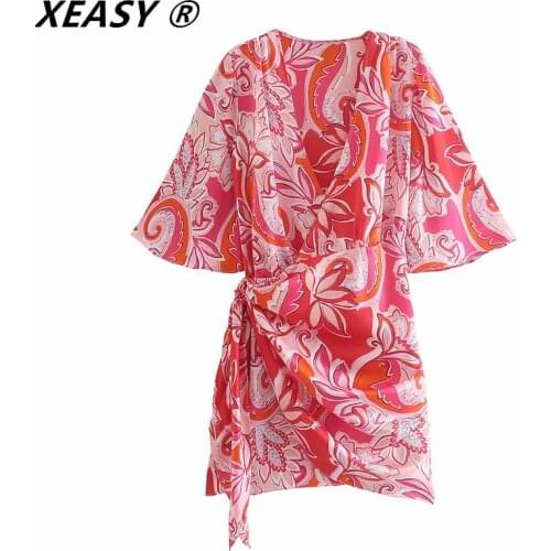 XEASY New 2021 Women Vintage V Neck Totem Floral Print Pleat Knotted Kimono Mini Dress Female Chic Short Sleeve Vestidos