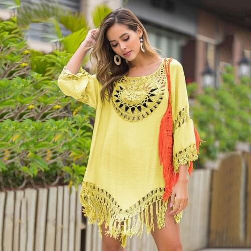 Summer Beach Dress Tassels Pareo Swimwear Women Hollow Out Beachwear Bikini Cover Up Loose Swim Dress Sundress Beach Tunic Hot