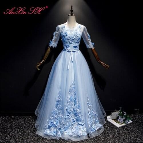 AXJFU flower princess blue lace evening dress luxury vintage beading blue flower pearls bow stage o neck long evening dress