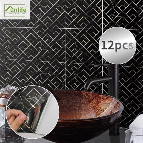 15x15cmx12pcs Black Geometric Chrome Self Adhesive Tile Wall Sticker Epoxy Bathroom Kitchen Home Oil-Proof Waterproof Decor