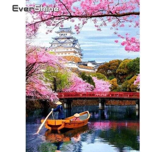 EverShine Diamond Embroidery Landscape Needlework Full Drill Diamond Painting Lake Cross Stitch Cherry Blossoms Wall Decor Home