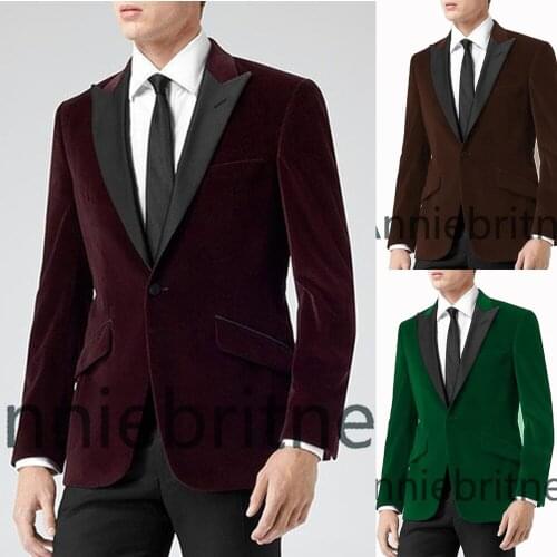 Burgundy Velvet Suit Mens 2020 Wedding Suits Custom Made Slim Fit Business Male Suit 2 Piece Groom Tuxedos Set (Jacket+Pants)