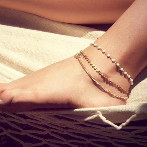 More Blue or White Beads contact Gold Round Shape Three chain for Women Anklet Gift