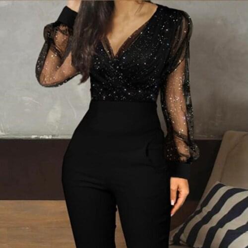 Black Womens Jumpsuit Elegant Sequins Mesh Glitter Party Night Sexy 2021 Spring Long Pants Rompers