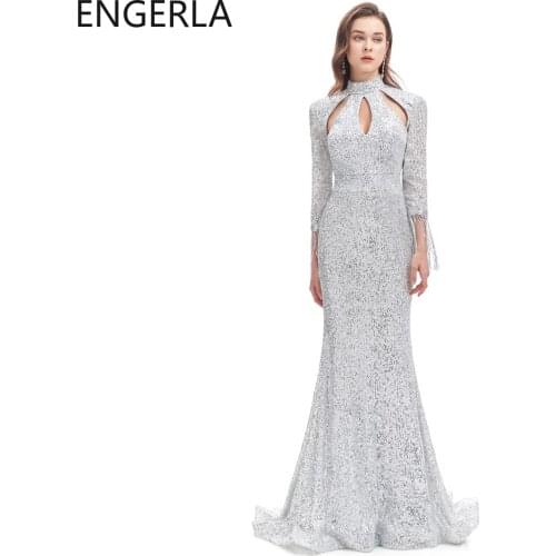 Elegant High Neck Long Sleeve Sequined Maxi Dress Floor Length Stretch Banquet Dress Silver Hollow Tassel Evening Dress