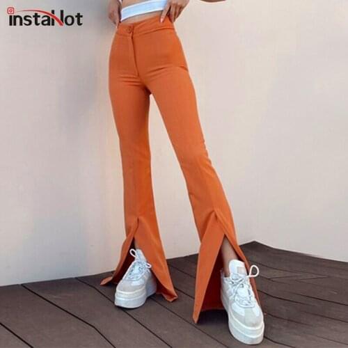 InstaHot Free Shipping Women Splitted Flare Pants Sexy Casual Club Streetwear Trousers Vintage Female 2021 Autumn Solid Pants