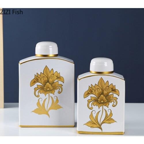 Ceramic Storage Jars with Lid Gold Flower Vases Modern Decor Porcelain Flower Arrangement Living Room Decoration Flowers Vase