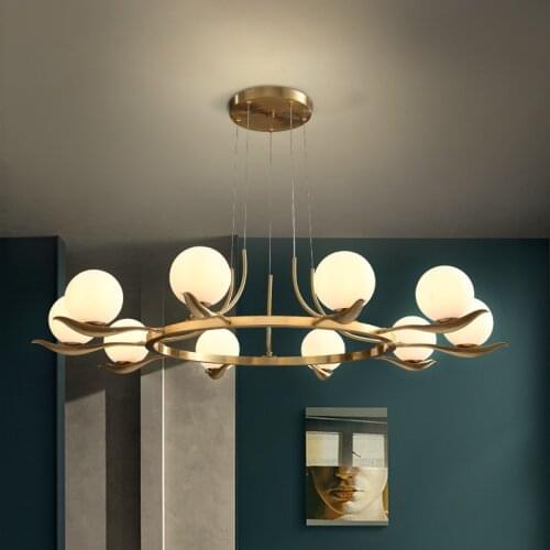 Nordic copper living room chandelier simple modern dining room bedroom lamp creative personality molecular chandelier lamp