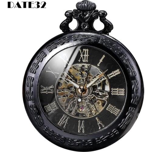 Mechanical Pocket Watch with Roman Numerals Number Skeleton Dial Fob Luxury Transparent Clock with Gift Box for Men Dropshipping