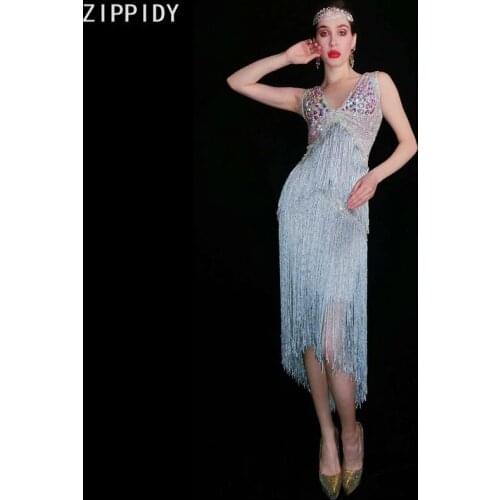 Multi-color Rhinestone Gray White Fringe Dress Prom Birthday Celebrate Show Sleeveless Outfit Women Dance DS Dress