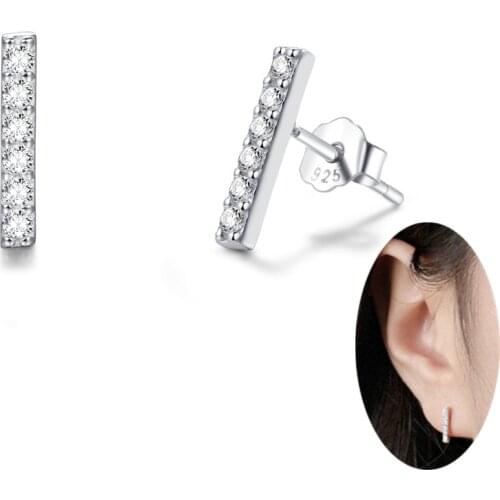 Fashion 925 Sterling Silver Cubic Zirconia Small Vertical Bar Stud Square Line Stick High Polished Stud Earrings