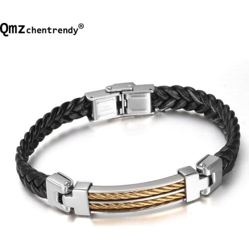 Fashion Black PU Leather Knitted Bangles 316L Stainless Steel Buckle Bracelets Men Women Wires Charms Jewelry