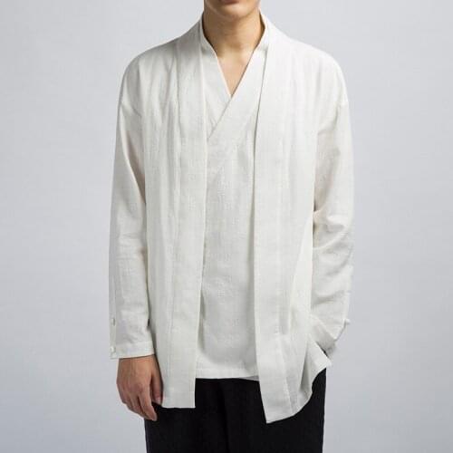 2019 Retro Vintage Cotton Linen Jacket Mens V Neck Black Blue White Beige Japanese Kimono Jacket Men False Two Piece Hanfu