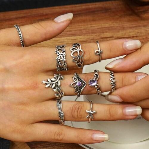 European and American fashion style simple atmosphere retro hollow carved starfish leaf ring set