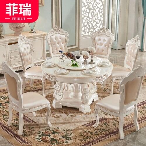 European-style marble dining table and chair round table with turntable solid wood simple dining table for household 8 people