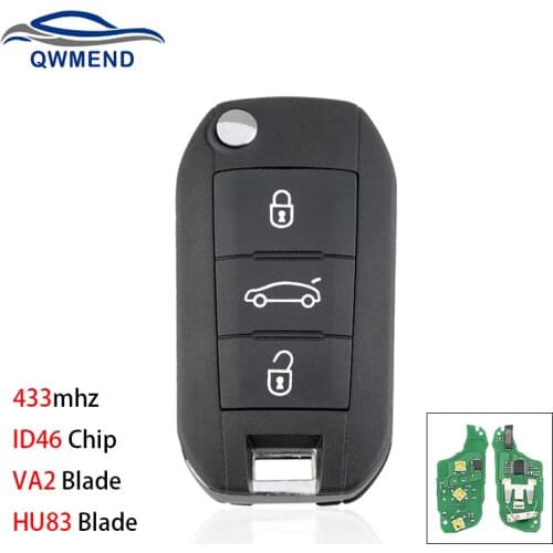 BHKEY 3 Buttons Smart Car key Fob for Peugeot 208 2008 301 308 5008 508 Car Remote Key HU83 VA2 Blade 433mhz ID46 Chip