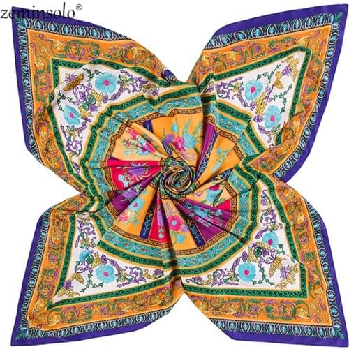 130*130cm 2020 Luxury Brand Floral Print Silk Scarves For Women Headband New Hijab Twill Large Square Scarf Shawl Female Wraps