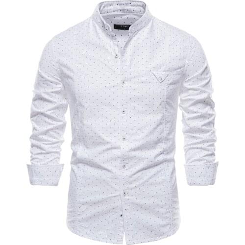 High Quality Long Sleeve Dot Shirt Men Spring Stand Collar Cotton Shirts for Men Casual Social Business Mens Dress Shirts