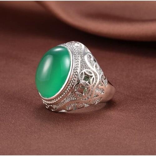 S925 pure silver agate jade ring natural emerald jade myelin pure silver ruby ring mens and womens openings