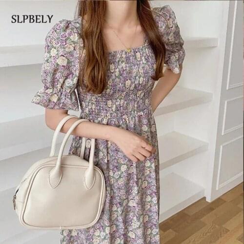 SLPBELY Women Sweet Flower Dress Summer Elegant Square Collar Long Sleeve Fairy Korean Style Dress Chic Pink Pureple Sundress