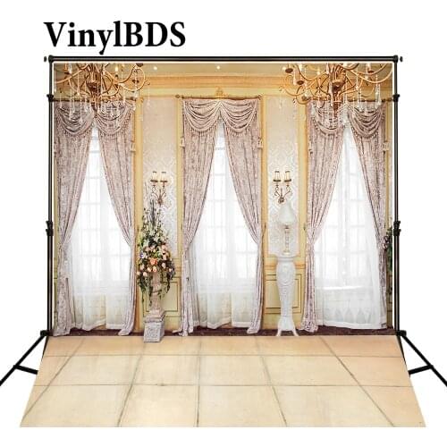 VinylBDS Wedding Backdrop Transparent Window Curtains and Chandelier Wedding Photography Backdrop Soild Brick Floor Backdrops