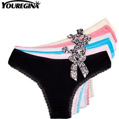 YOUREGINA Woman Sexy G-Strings Underwear Cotton Panties Female Ladies Thongs Solid Leopard Bowknot Print Simple 6pcs/lot