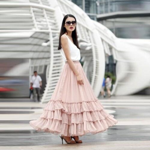 New Design Pink Long Skirt A Line Floor Length Maxi Skirt Ruffles Tiered Women Skirts Personalized Chic Chiffon Long Skirt