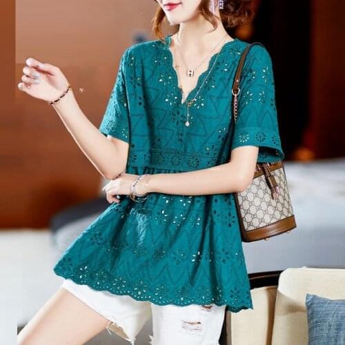 Solid Blue Lace Hollow Out Women Blouse Summer New 2021 V-Neck Loose Short-Sleeved Elegant Office Lady Pulls Tops