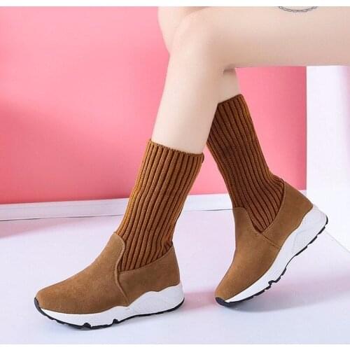 Women Boots Platform suede Shoes Women Autumn Winter Boots Leather Fur Winter Knitting Chaussures Boot O4-50